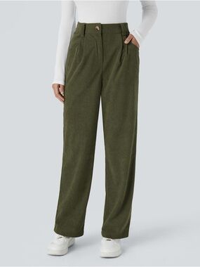 HALARA High Waisted Zipper Pocket Corduroy Pants Olive Green Large Fall Autumn
